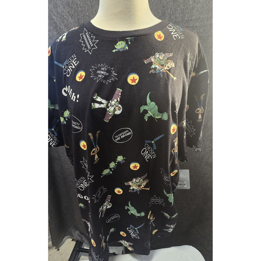 Disney Toy Story T-Shirt L Black Buzz Woody Rex Aliens All Over Print Cotton